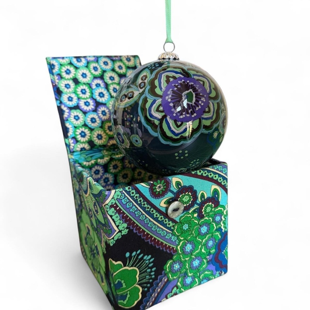 Vera Bradley Blue Rhapsody glass ornament with purple, green teal floral paisley